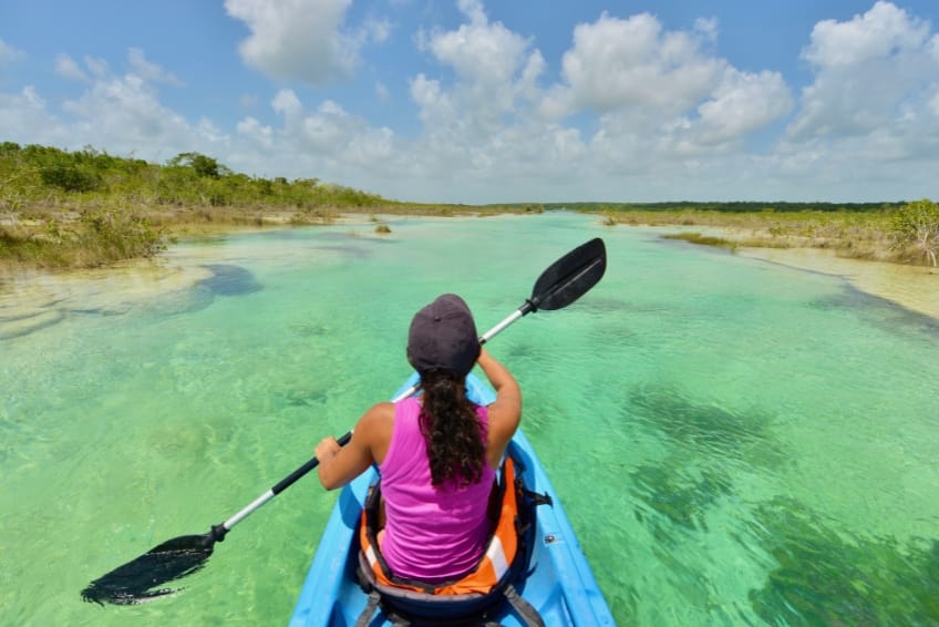 Kayaking at the Lake of 7 Colors in Bacalar Mexico